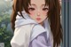 Anime girl with long brown hair wearing a white hoodie.