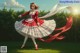 A woman in a red and white dress is dancing in the grass.