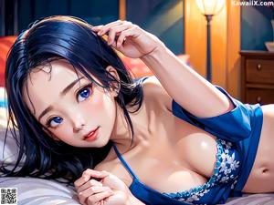 A woman in a blue lingerie laying on a bed.