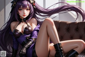 A woman with long purple hair sitting on a couch.