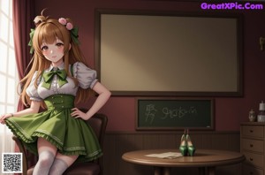 A girl in a green dress sitting at a table in front of a blackboard.